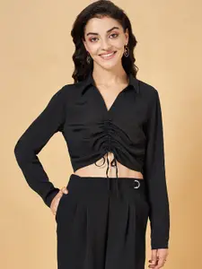 People Black Shirt Collar Ruched Crop Shirt Style Top