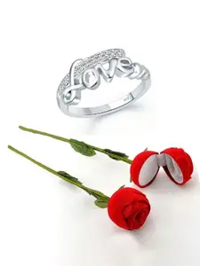 Vighnaharta Rhodium-Plated CZ-Studded Finger Ring With Rose Box