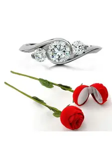 Vighnaharta Rhodium-Plated CZ-Studded Finger Ring With Rose Box