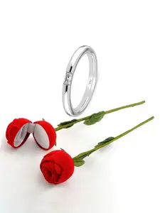 Vighnaharta Rhodium-Plated CZ-Studded Finger Ring With Rose Box