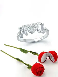 Vighnaharta Rhodium-Plated CZ-Studded Finger Ring With Rose Box