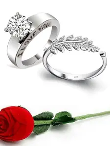 Vighnaharta Set Of 2 Rhodium-Plated CZ-Studded Finger Ring With Rose Box