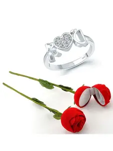 Vighnaharta Rhodium-Plated CZ-Studded Finger Ring With Rose Box