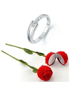 Vighnaharta Rhodium-Plated CZ-Studded Finger Ring With Rose Box