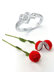 Vighnaharta Rhodium-Plated Cubic Zirconia-Studded Finger Ring With Rose Box