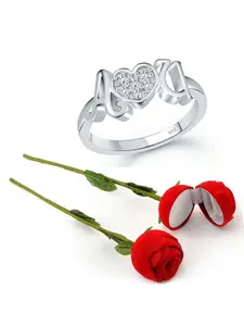 Vighnaharta Rhodium-Plated CZ-Studded Finger Ring With Rose Box