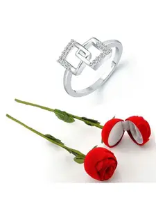 Vighnaharta Rhodium-Plated CZ-Studded Finger Ring With Rose Box