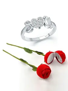 Vighnaharta Rhodium-Plated Cubic Zirconia-Studded Finger Ring With Rose Box