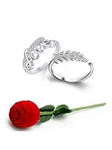 Vighnaharta Set Of 2 Rhodium-Plated CZ-Studded Finger Ring With Rose Box