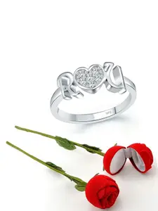 Vighnaharta Rhodium-Plated CZ-Studded Finger Ring With Rose Box