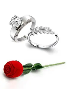 Vighnaharta Set Of 2 Rhodium-Plated CZ-Studded Finger Ring With Rose Box