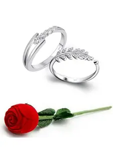 Vighnaharta Set Of 2 Rhodium-Plated Cubic Zirconia-Studded Finger Ring With Rose Box