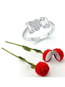 Vighnaharta Rhodium-Plated CZ-Studded Finger Ring With Rose Box