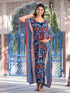 Aujjessa Ethnic Motifs Print V-Neck Kimono Sleeve Maternity Kaftan Maxi Dress