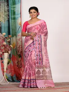 Morchari Pink & Blue Paisley Tissue Block Print Saree