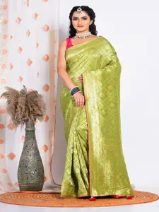 Morchari Green & Pink Ethnic Motifs Zari Silk Blend Saree