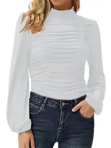 StyleCast White High Neck Puff Sleeves Gathered Top