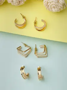 NVR Set Of 3 Rhodium Plated Geometric Hoop Earrings