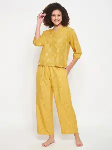 Clovia Yellow Floral Printed Notched Neck Night Suit