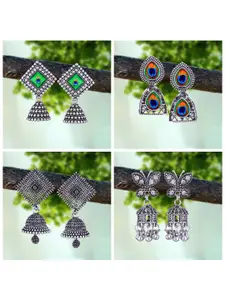 MEENAZ Pack of 4 Oxidised Silver Plated Silver Jhumkas