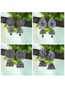 MEENAZ Set Of 4 Silver-Plated Beaded Classic Oxidised Jhumkas