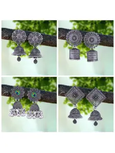 MEENAZ Pack Of 4 Silver-Plated Oxidised Peacock Shaped Jhumkas