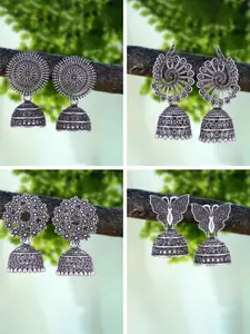 MEENAZ Pack Of 4 Silver-Plated Oxidised Peacock Shaped Jhumkas