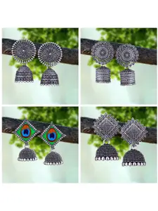 MEENAZ Pack Of 4 Silver-Plated Oxidised Peacock Shaped Jhumkas