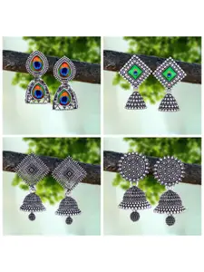 MEENAZ Set Of 4 Silver-Plated Beaded Classic Oxidised Jhumkas