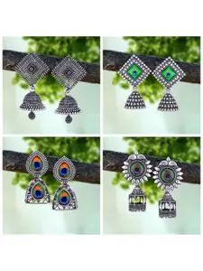 MEENAZ Pack Of 4 Silver-Plated Oxidised Peacock Shaped Jhumkas