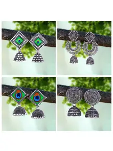 MEENAZ Set Of 4 Silver-Plated Beaded Classic Oxidised Jhumkas