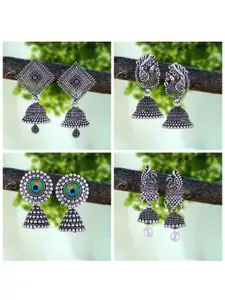 MEENAZ Set Of 4 Silver-Plated Beaded Classic Oxidised Jhumkas