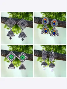 MEENAZ Set Of 4 Silver-Plated Oxidised Peacock Shaped Jhumkas