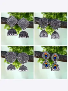 MEENAZ Set Of 4 Silver-Plated Beaded Classic Oxidised Jhumkas
