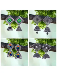 MEENAZ Pack Of 4 Silver-Plated Oxidised Peacock Shaped Jhumkas