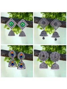 MEENAZ Pack Of 4 Silver-Plated Oxidised Peacock Shaped Jhumkas