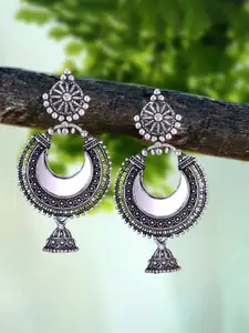 MEENAZ Set Of 4 Silver-Plated Oxidised Peacock Shaped Jhumkas