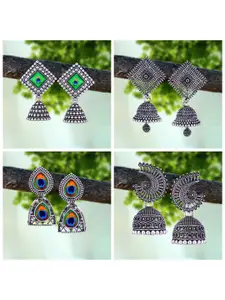 MEENAZ Pack Of 4 Silver-Plated Oxidised Peacock Shaped Jhumkas