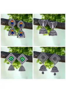 MEENAZ Set Of 4 Silver-Plated Beaded Classic Oxidised Jhumkas