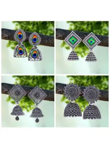 MEENAZ Pack Of 4 Silver-Plated Oxidised Peacock Shaped Jhumkas