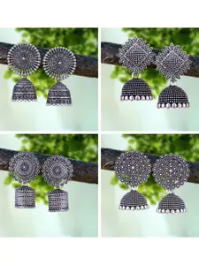 MEENAZ Set Of 4 Silver-Plated Beaded Classic Oxidised Jhumkas