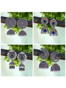 MEENAZ Set Of 4 Silver-Plated Oxidised Peacock Shaped Jhumkas