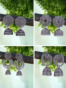 MEENAZ Set Of 4 Silver-Plated Oxidised Peacock Shaped Jhumkas