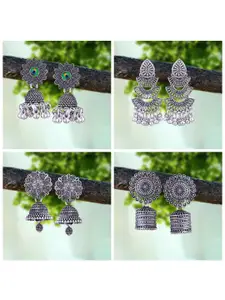 MEENAZ Set Of 4 Silver-Plated Beaded Classic Oxidised Jhumkas