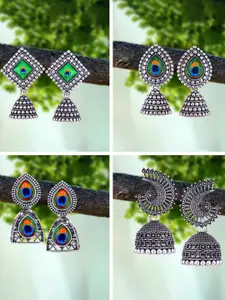 MEENAZ Set Of 4 Silver-Plated Oxidised Peacock Shaped Jhumkas