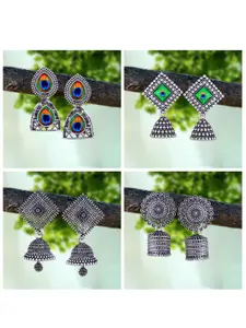 MEENAZ Set Of 4 Silver-Plated Oxidised Peacock Shaped Jhumkas