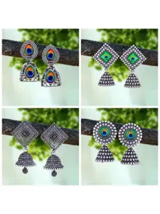 MEENAZ Set Of 4 Silver-Plated Oxidised Peacock Shaped Jhumkas