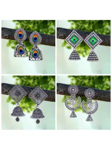 MEENAZ Pack Of 4 Silver-Plated Oxidised Peacock Shaped Jhumkas