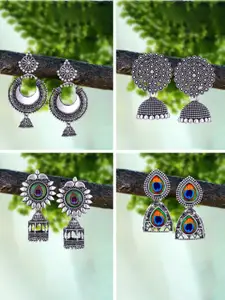 MEENAZ Set Of 4 Silver Plated Peacock Shaped Oxidised Jhumkas