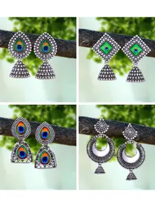 MEENAZ Set Of 4 Silver-Plated Beaded Classic Oxidised Jhumkas